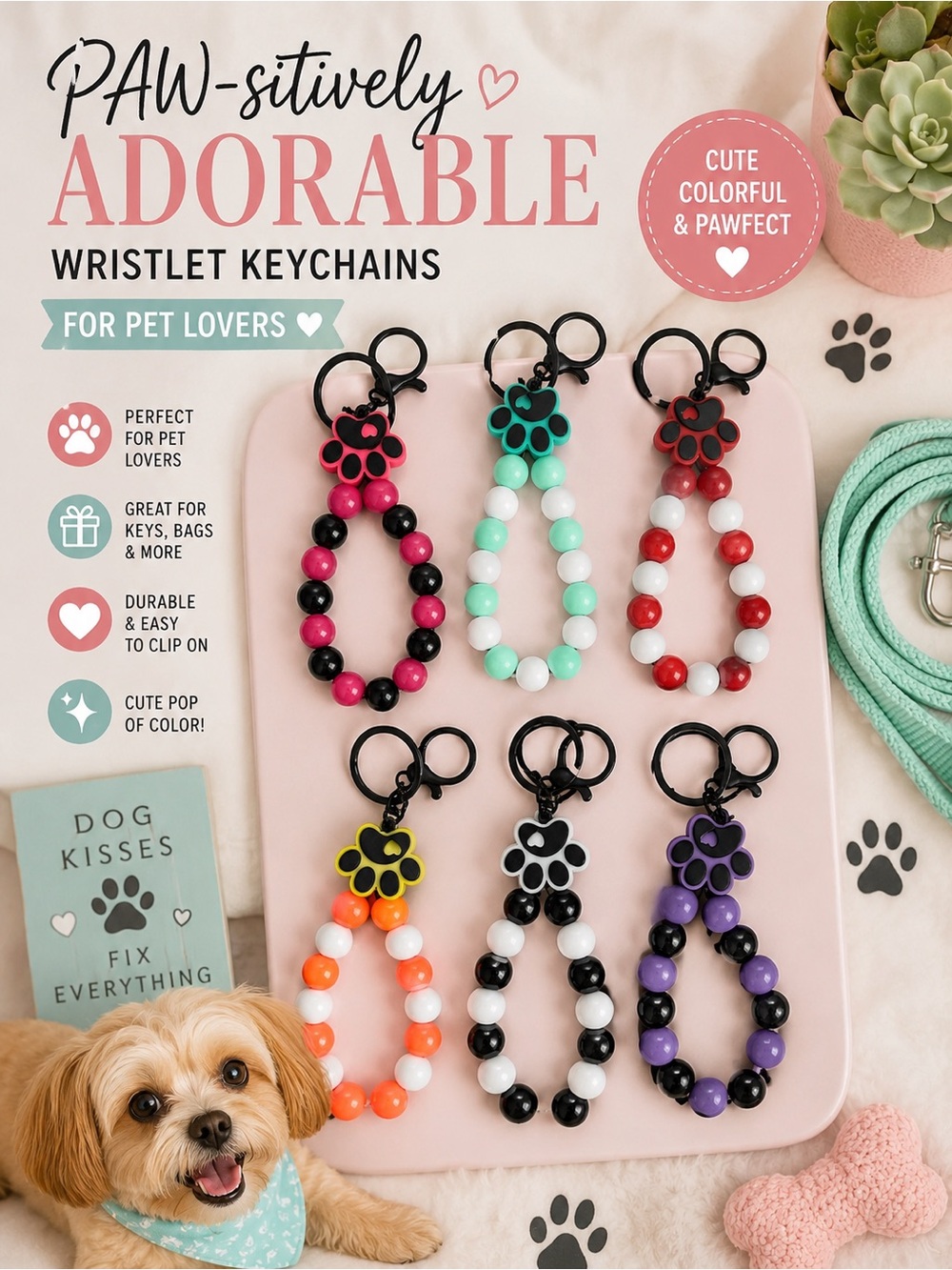 Paw-Print🐾 Beaded Wristlet Keychain - bag charm Multi-colored